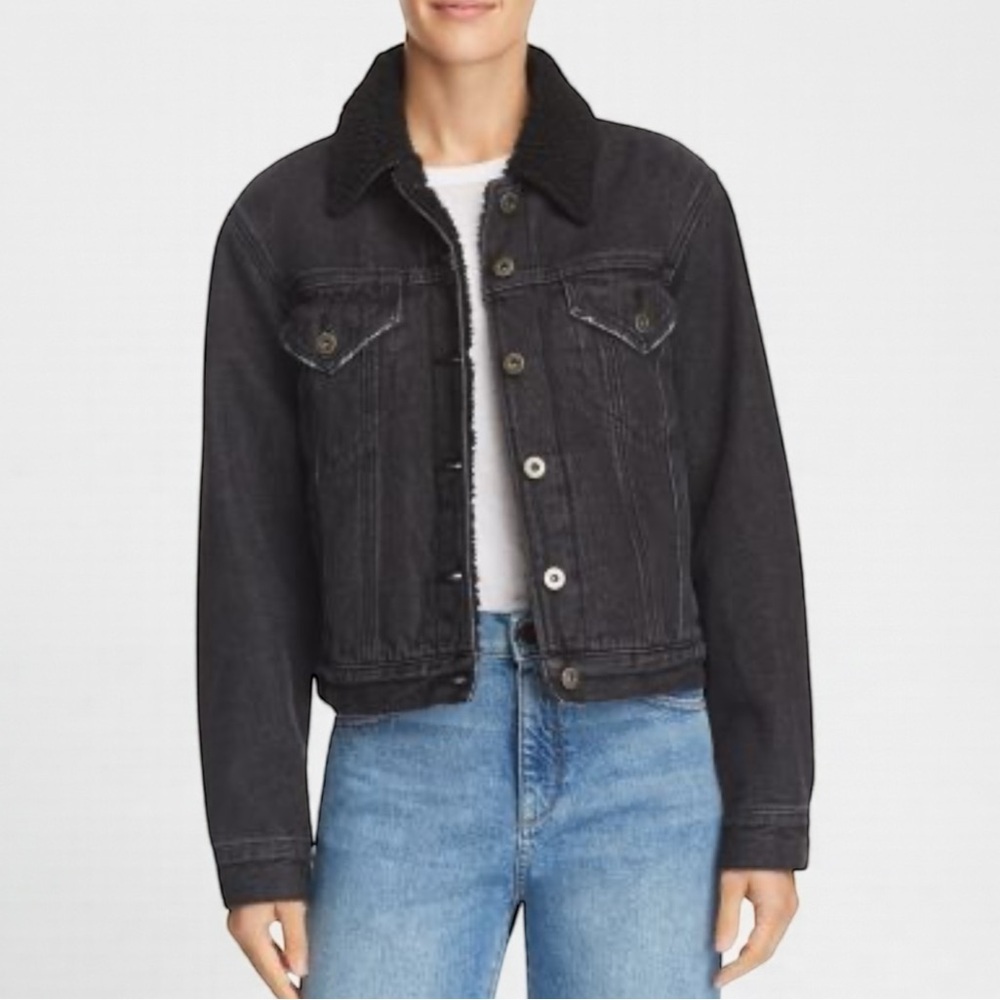 🌻Pistola Tori Black Washed Sherpa Fleece-Lined Denim Jacket Size XS